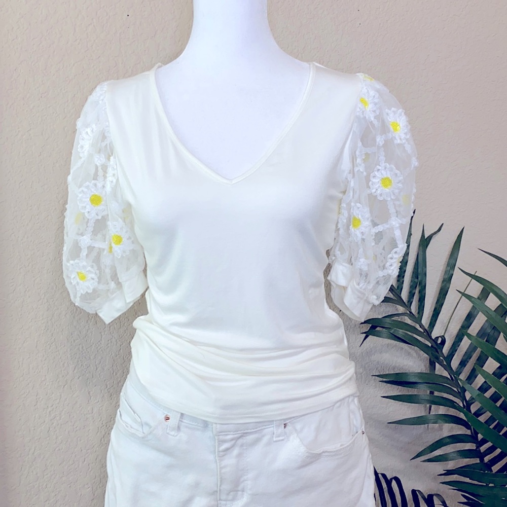 Floral Mesh Sleeve V Neck